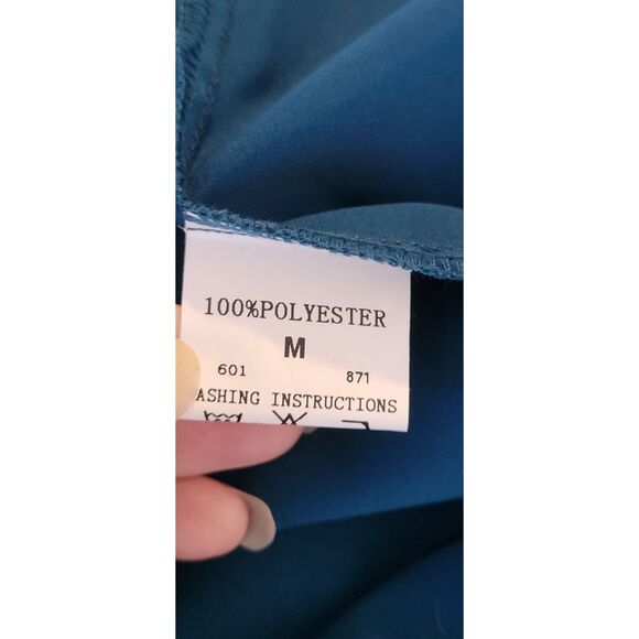 CALEBGAR Lake Blue Satin Dress Mock Neck Elastic Waist Maxi Dress Sz M - Picture 6 of 8